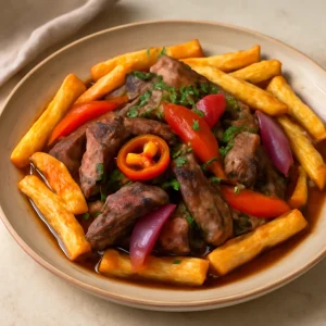 Friss, csípős perui lomo saltado marhahússal és sült krumplival