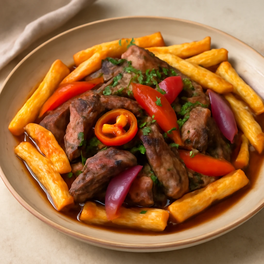 Friss, csípős perui lomo saltado marhahússal és sült krumplival