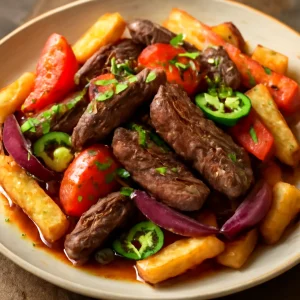 Perui lomo saltado jalapeñóval és friss zöldségekkel