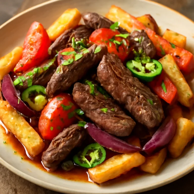Lomo saltado jalapeñóval, fűszeres marhahús zöldségekkel, jalapeñóval és burgonyával