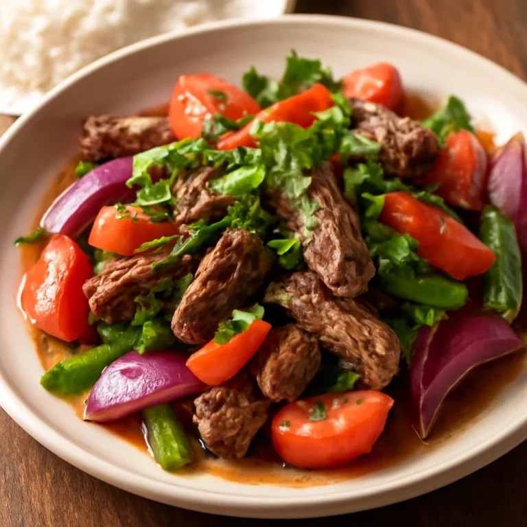 Lomo saltado korianderrel tálalva, friss zöldségekkel és marhahússal