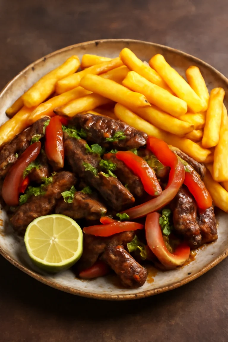 Lomo saltado lime-mal, perui étel, marhahússal, paradicsommal és sült krumplival