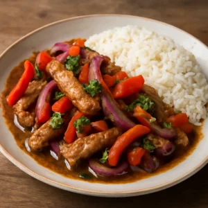 Friss lomo saltado sertéshússal, rizssel és zöldségekkel tálalva