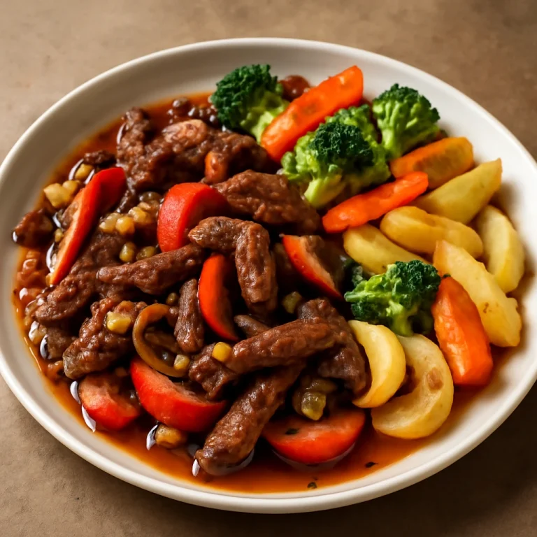Lomo saltado marhahússal és sült zöldségekkel tálalva