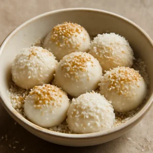 Friss lótuszmagpürés tangyuan szezámmaggal és kókuszreszelékkel