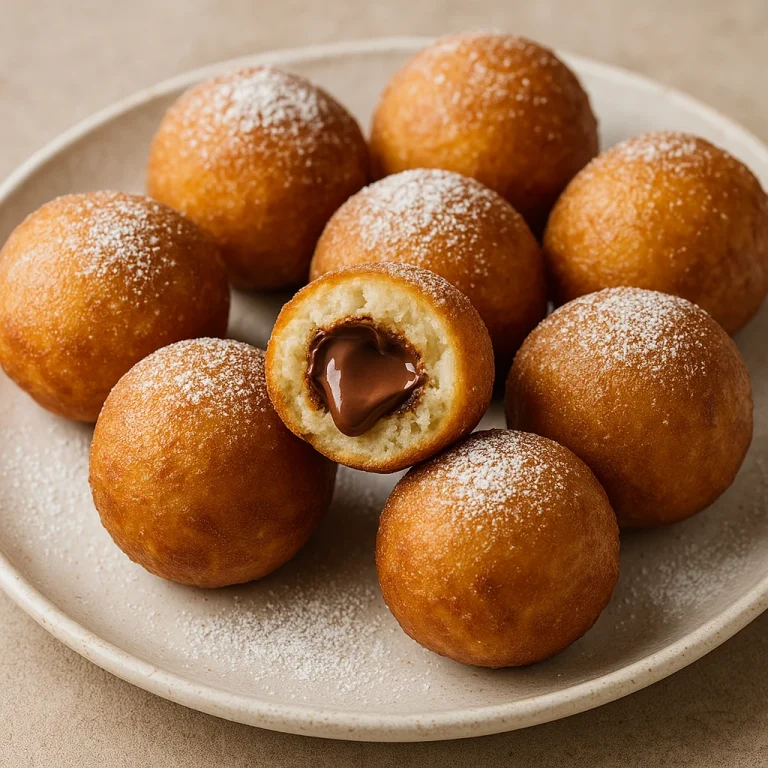 Loukoumades Nutellával töltve, aranybarna fánkgolyók, töltelékkel és porcukorral tálalva