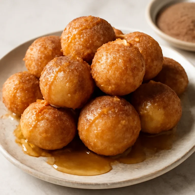 Loukoumades fahéjas cukorral és mézzel tálalva