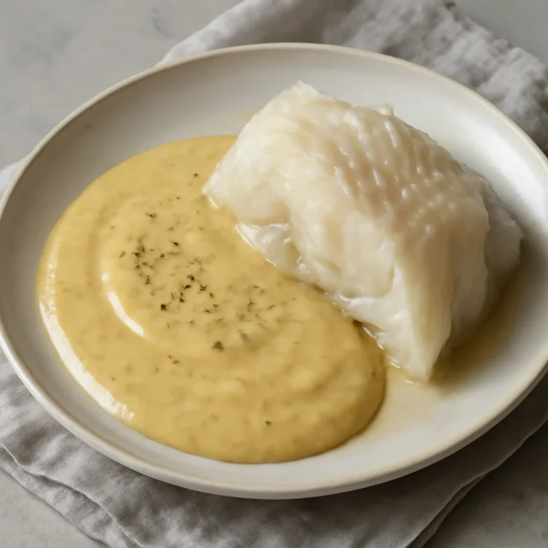 Lutefisk mustáros mártással tálalva