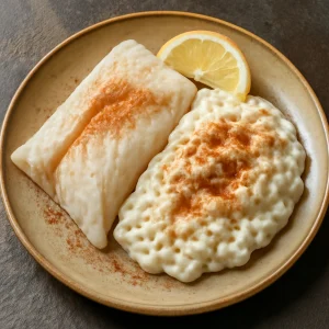 Friss lutefisk rizspudinggal, fahéjjal és citrommal