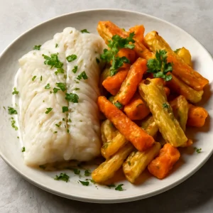 Sült zöldségekkel és friss petrezselyemmel tálalt lutefisk