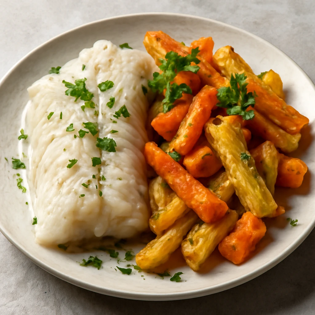 Sült zöldségekkel és friss petrezselyemmel tálalt lutefisk