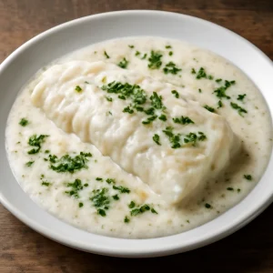 Skandináv lutefisk étel tejszínes szósszal