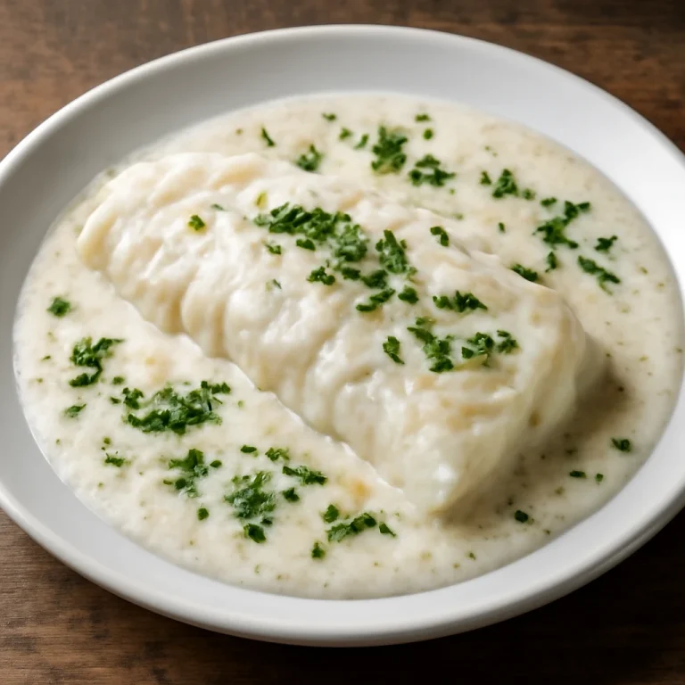 Lutefisk tejszínes mártással, tálalva friss petrezselyemmel