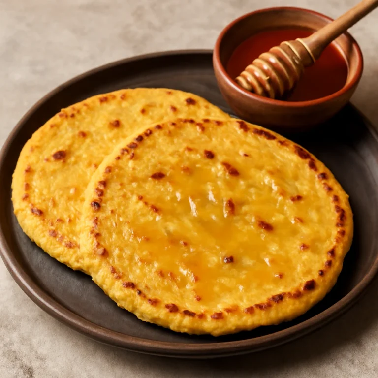 Makki Ki Roti mézzel, ropogós kukoricakenyér tálalva mézzel