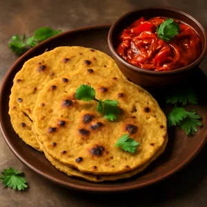 Fűszeres makki ki roti csípős szósszal tálalva