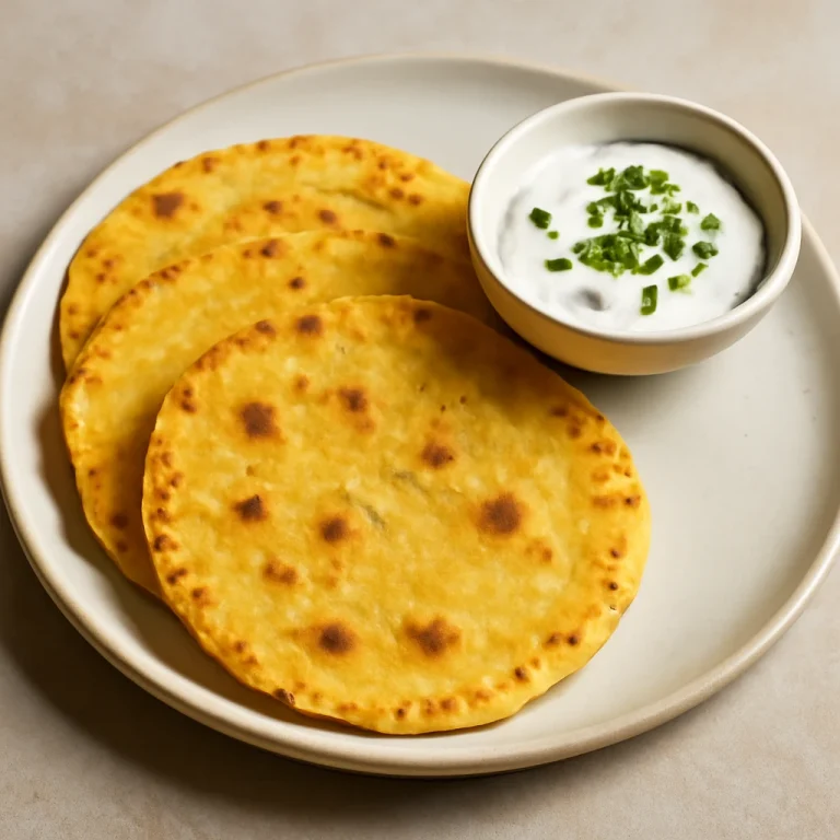 Makki ki roti joghurttal, indiai étel, aranybarna roti tálalva joghurttal