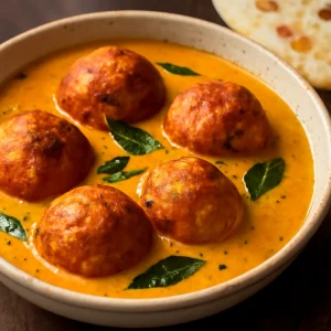 Krémes Malai Kofta tálalva friss naan kenyérrel