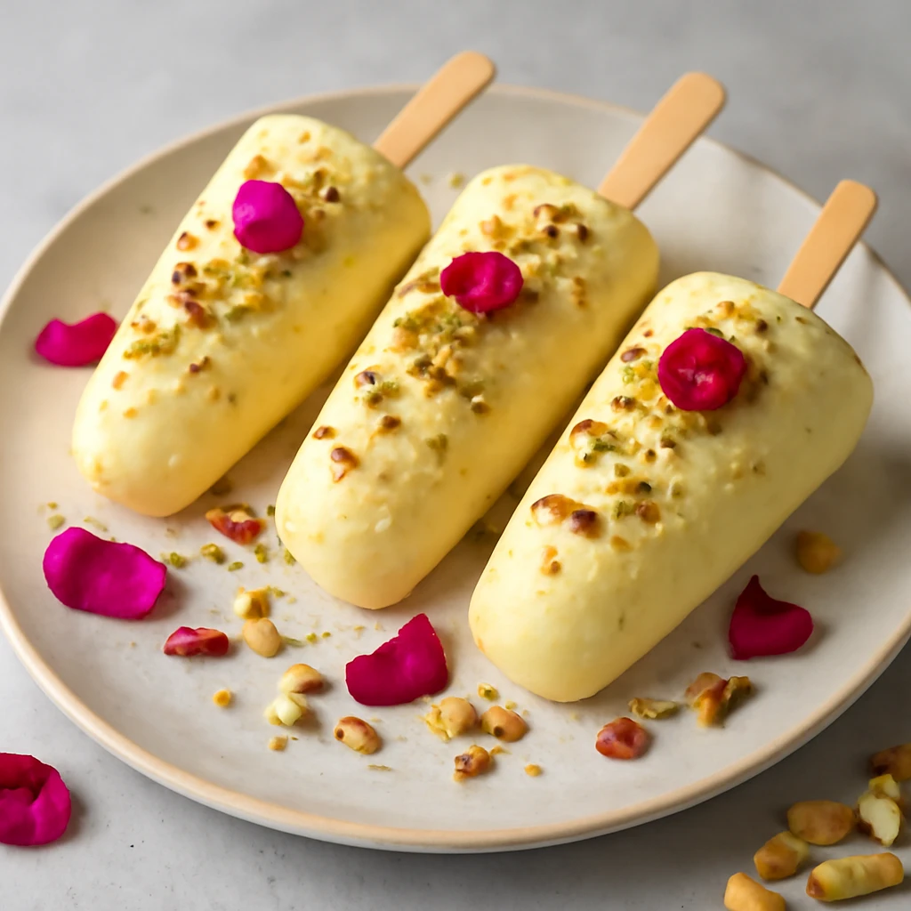 Indiai malai kulfi sÃ¡frÃ¡nyos Ã©s rÃ³zsavizes Ã­zesÃ­tÃ©ssel