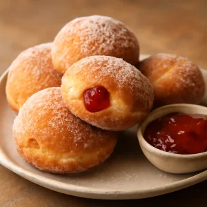 Malasada édes gombócok, friss eperdzsemmel tálalva