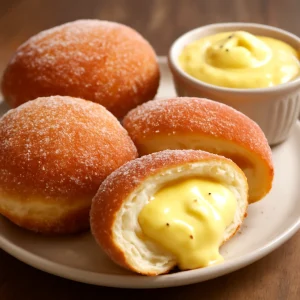 Friss malasada passiógyümölcs krémmel, melegen tálalva