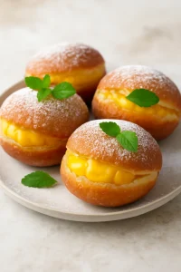 Friss malasada mangókrémmel és porcukorral tálalva