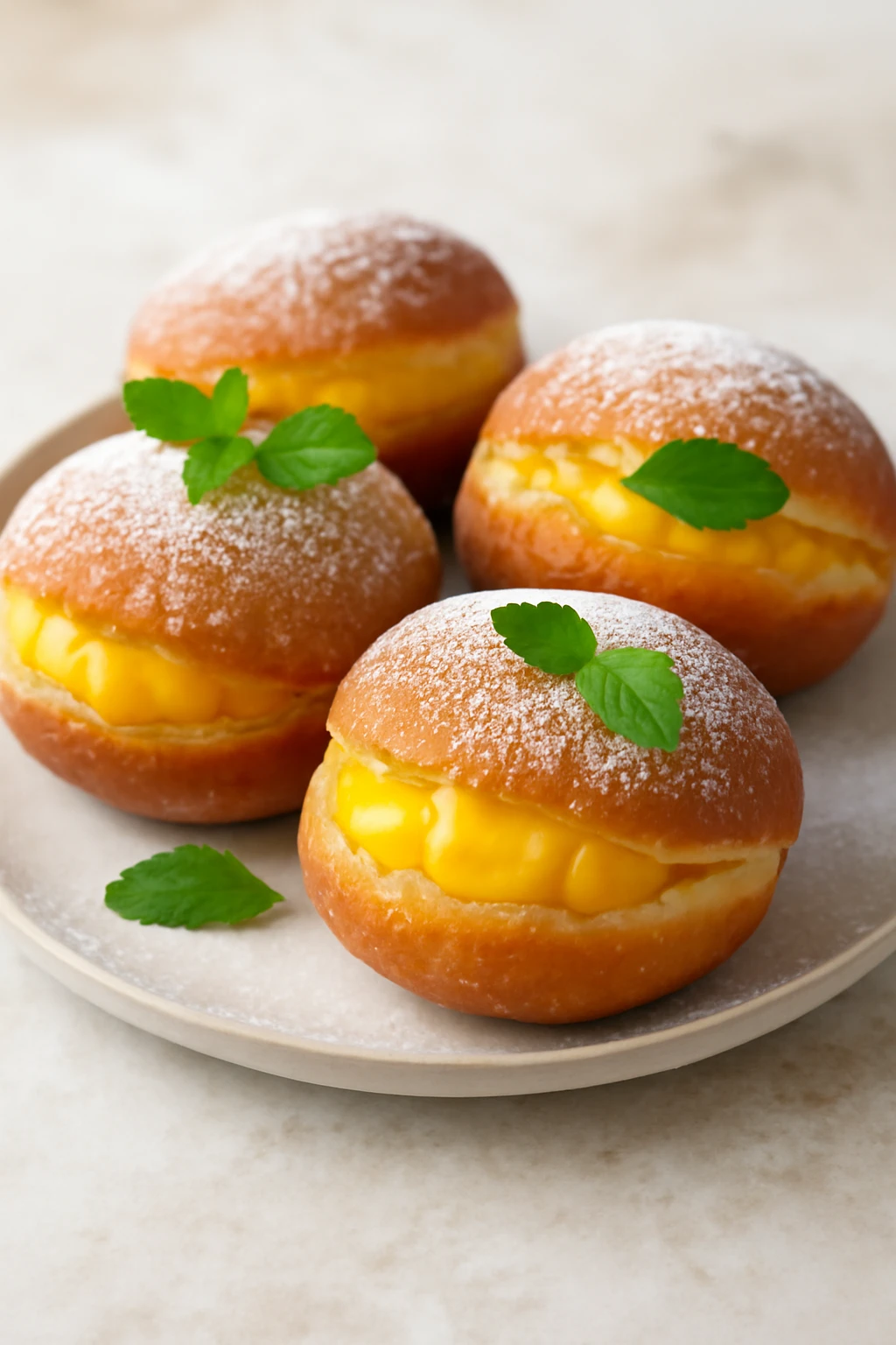 Friss malasada mangókrémmel és porcukorral tálalva