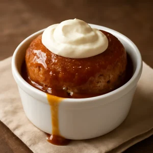 Malva pudding tejföllel és karamellizált cukorral tálalva