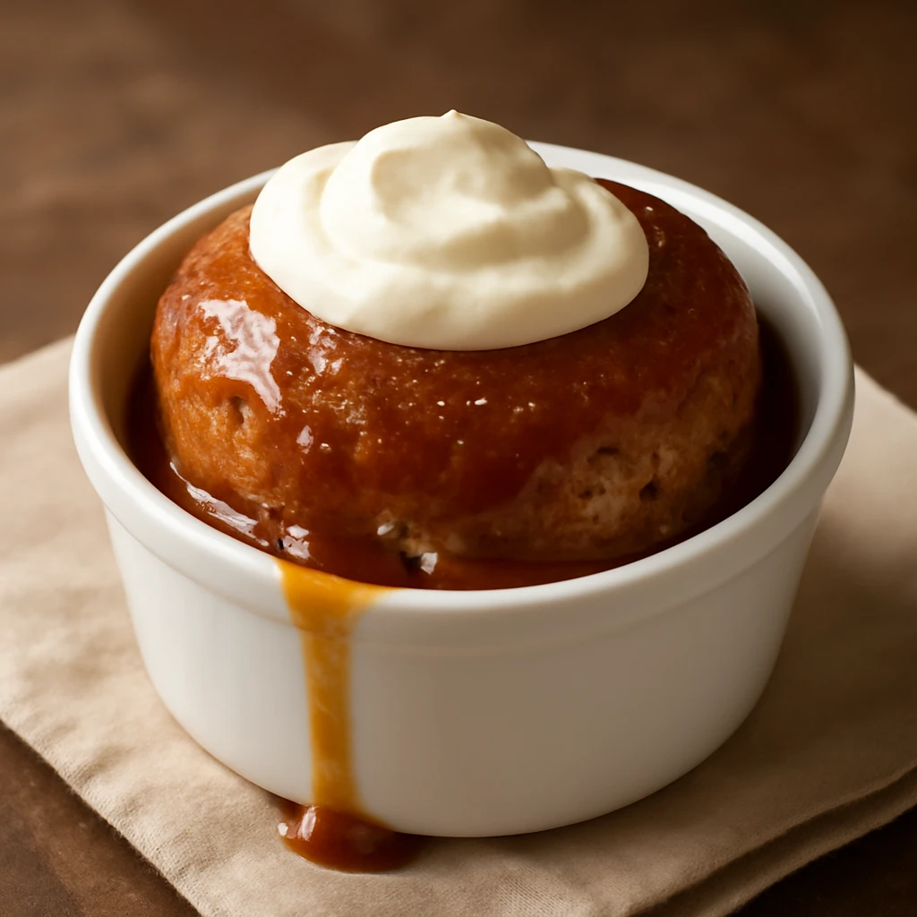 Malva pudding tejföllel és karamellizált cukorral tálalva