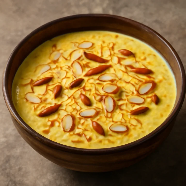 Mandulás-sáfrányos Kheer tálalva, mandulával és sáfránnyal díszítve