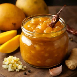 Friss, fűszeres mango chutney üvegben