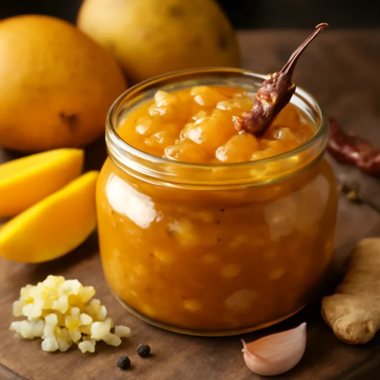 Mango chutney, egy üvegedényben, friss mangóból és fűszerekkel készült