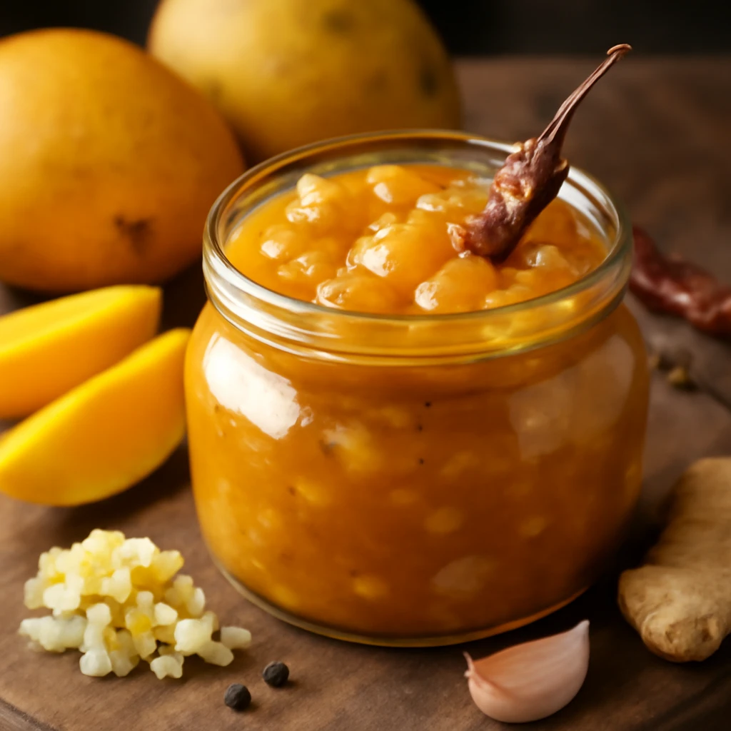 Friss, fűszeres mango chutney üvegben