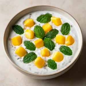 Ízletes mangós raita friss menta levelekkel