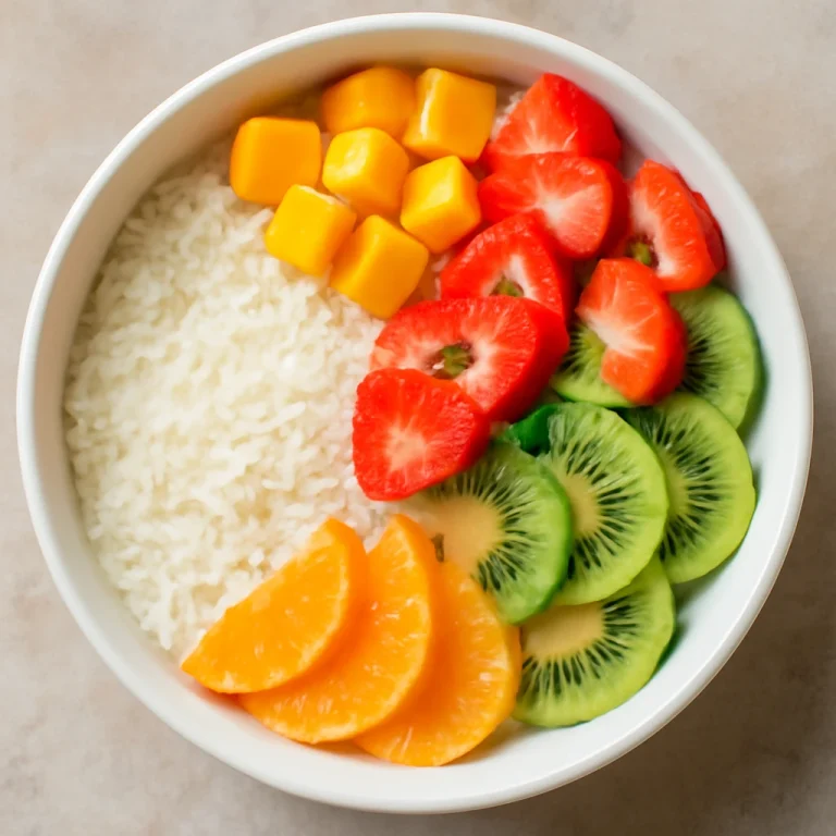 Manjar con frutas, kókuszos puding friss gyümölcsökkel tálalva.