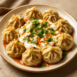 Fűszeres török manti fokhagymás joghurttal tálalva