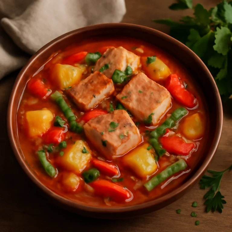 Marmitako con tomate tálalva, friss petrezselyemmel