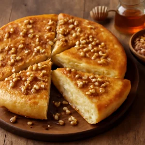 Indonéz Martabak Manis, mézzel és dióval tálalva