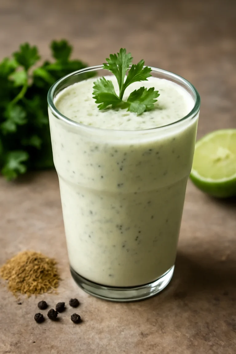 Masala Lassi friss korianderrel díszítve, fűszeres joghurt ital