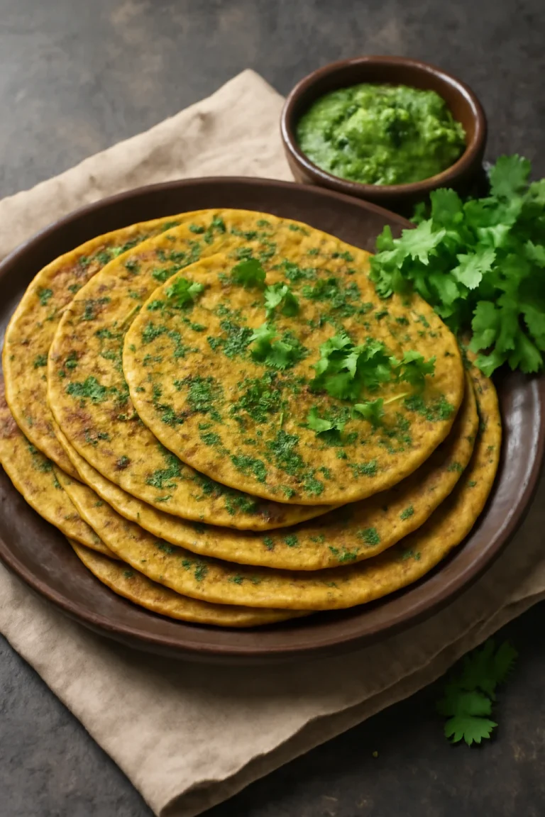 Masala thepla, indiai fűszeres lepény friss korianderrel tálalva