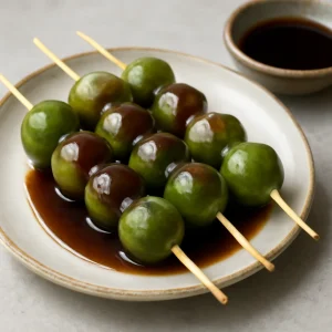 Friss matcha dango, szójaszószos sziruppal tálalva