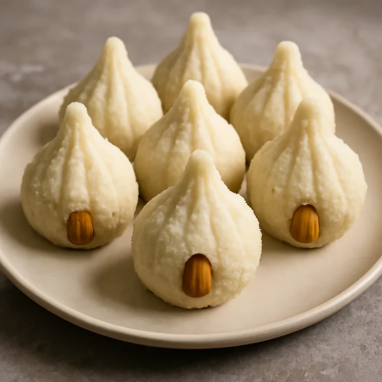 Mawa modak sűrített tejből, kókuszreszelékkel, mandulával töltve