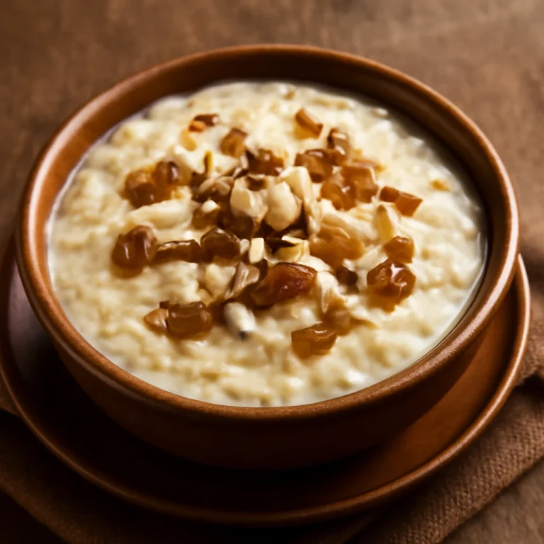 Mazsolás kheer rizs puding mazsolával és mandulával díszítve