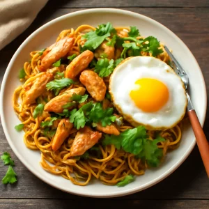 Ínycsiklandó Mee Goreng csirke, tojással és friss zöldségekkel