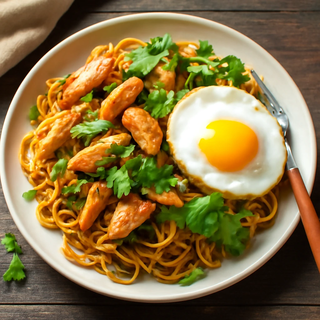 Ínycsiklandó Mee Goreng csirke, tojással és friss zöldségekkel