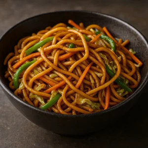 Ázsiai tésztás étel friss zöldségekkel