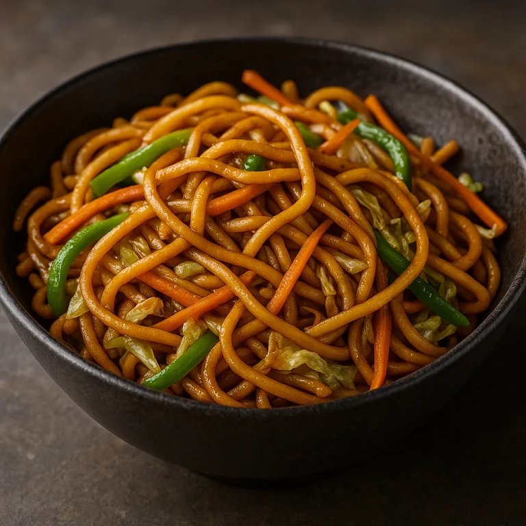 Mee goreng zöldségekkel egy tálban, szójaszószos ázsiai tészta roppanós zöldségekkel