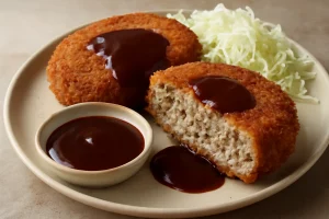 Ropogós menchi katsu tonkatsu szósszal tálalva