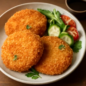 Ropogós vegán Menchi Katsu zöldségekkel és szójaszósszal