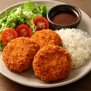 Ropogós csirkés menchi katsu, rizs és friss saláta kíséretében