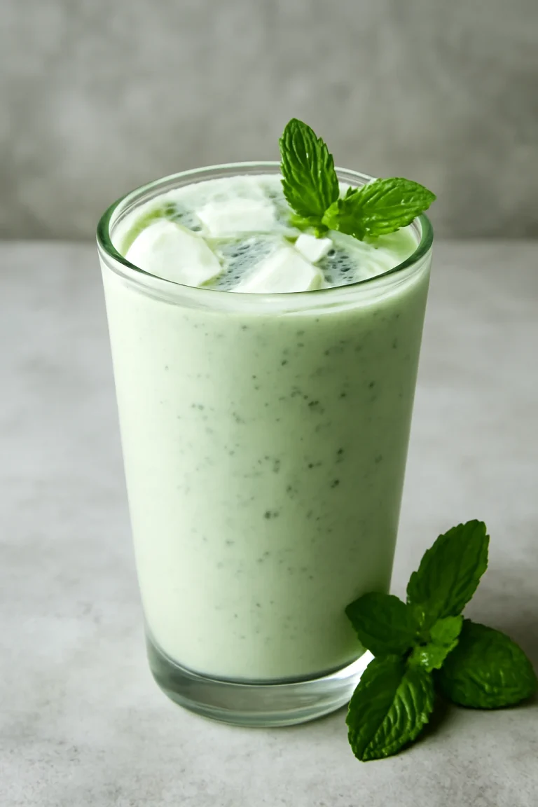 Mentás lassi pohárban, jégkockákkal díszítve